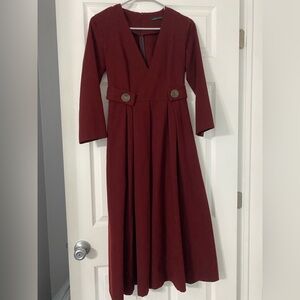 Zara Red Pleated A-Line Long Sleeve Dress